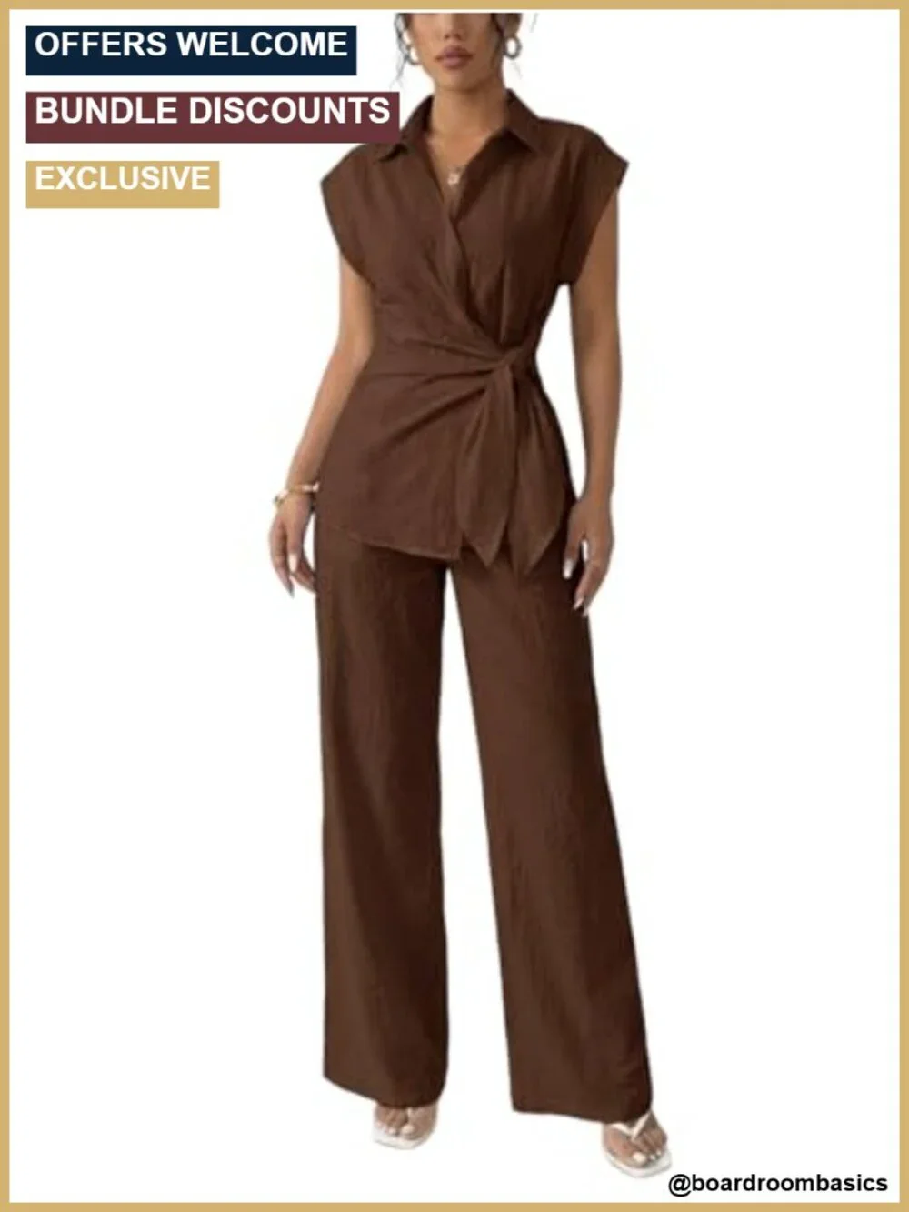 Women's Two Piece Cap Sleeve Tie Waist Wide Leg Pant Set